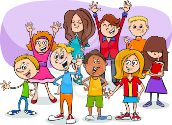 Cartoon Illustration of Teens or Elementary Age Children Characters Group