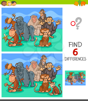 Cartoon Illustration of Finding Six Differences Between Pictures Educational Game for Children with Monkeys Animal Characters