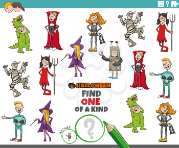 Cartoon Illustration of Find One of a Kind Picture Educational Game with Comic Halloween Party Characters