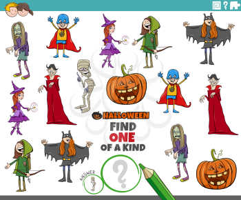 Cartoon Illustration of Find One of a Kind Picture Educational Game with Comic Halloween Holiday Characters