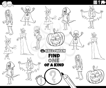 Black and White Cartoon Illustration of Find One of a Kind Picture Educational Game with Comic Halloween Holiday Characters Coloring Book Page