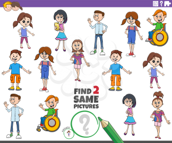 Cartoon Illustration of Finding Two Same Pictures Educational Task with Children and Teen Characters