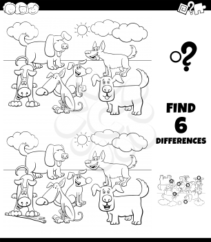 Black and White Cartoon Illustration of Finding Differences Between Pictures Educational Game for Children with Happy Dogs Pet Animal Characters Coloring Book Page