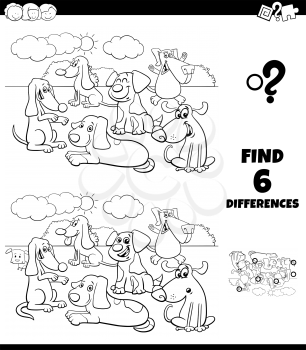 Black and White Cartoon Illustration of Finding Differences Between Pictures Educational Game for Children with Happy Dogs and Puppies Animal Characters Coloring Book Page