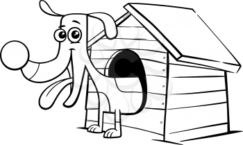 Black and White Cartoon Illustration of Happy Dog Comic Animal Character in his Doghouse Coloring Book Page