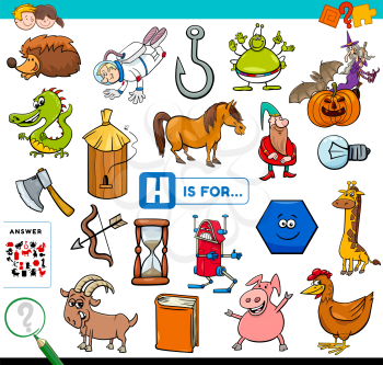 Cartoon Illustration of Finding Picture Starting with Letter H Educational Task Worksheet for Children