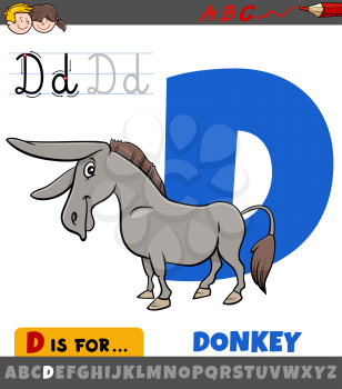 Educational cartoon illustration of letter D from alphabet with comic donkey for children 