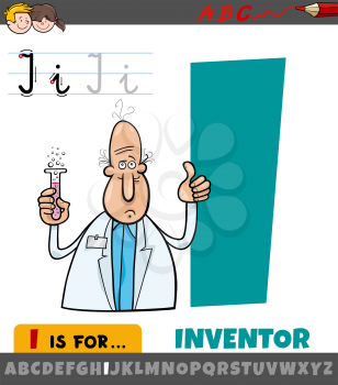 Educational cartoon illustration of letter I from alphabet with inventor for children 