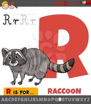 Educational cartoon illustration of letter R from alphabet with raccoon animal for children 