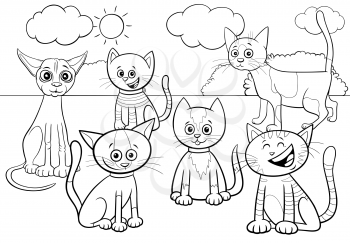 Black and White Cartoon Illustration of Cats and Kittens Comic Animal Characters Group in the Park Coloring Book Page