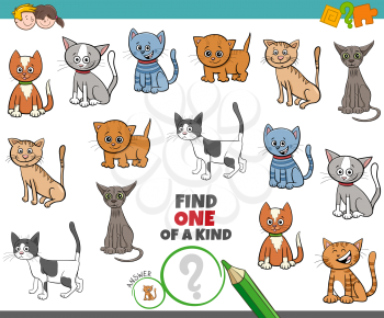 Cartoon Illustration of Find One of a Kind Picture Educational Game with Comic Cats and Kittens Characters