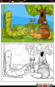 Cartoon illustration of caterpillar and snail and fly animal characters coloring book page