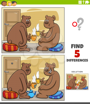 Cartoon illustration of finding the differences between pictures educational game for children with bear characters drinking tea