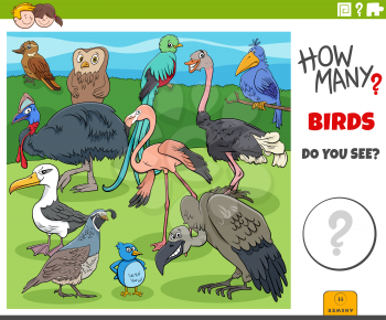 Illustration of educational counting game for children with cartoon birds animal characters group