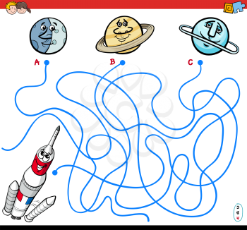 Cartoon Illustration of Paths or Maze Puzzle Game with Space Rocket and Planets