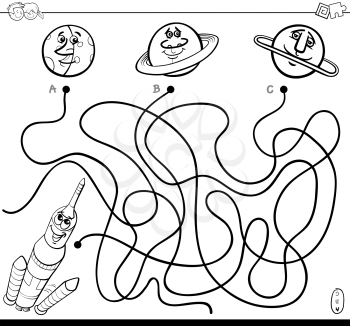 Black and White Cartoon Illustration of Paths or Maze Puzzle Game with Space Rocket and Planets Coloring Book