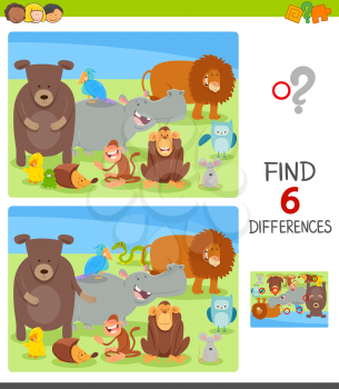 Cartoon Illustration of Finding Six Differences Between Pictures Educational Game for Kids with Happy Animal Characters Group
