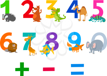 Cartoon Illustration of Numbers Set from Zero to Nine with Happy Wild Animal Characters