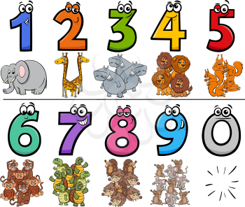 Cartoon Illustration of Educational Numbers Collection from One to Nine with Comic Wild Animal Characters