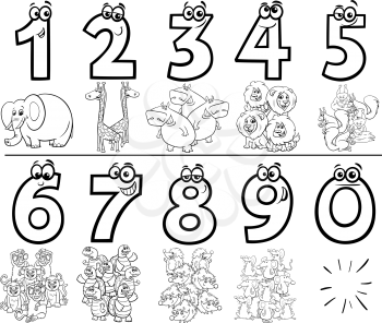 Black and White Cartoon Illustration of Educational Numbers Collection from One to Nine with Comic Wild Animal Characters Coloring Book Page