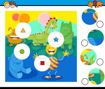 Cartoon Illustration of Educational Match the Pieces Jigsaw Puzzle Game for Children with Funny Fantasy Characters