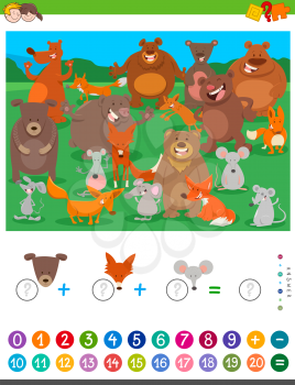Cartoon Illustration of Educational Mathematical Counting and Addition Game for Children with Funny Wild Animal Characters
