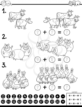 Black and White Cartoon Illustration of Educational Mathematical Subtraction Puzzle Task for Kids with Farm Animal Characters Coloring Book