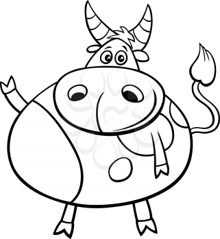 Black and White Cartoon Illustration of Cute Bull Farm Animal Comic Character Coloring Book Page