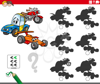 Cartoon Illustration of Finding the Shadow without Differences Educational Game for Children with Funny Vehicles Characters