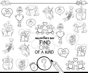 Black and White Cartoon Illustration of Find One of a Kind Picture Educational Game for Kids with Valentines Day Characters Coloring Book