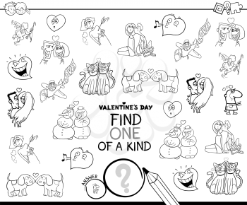 Black and White Cartoon Illustration of Find One of a Kind Picture Educational Game for Children with Valentines Day Characters Coloring Book