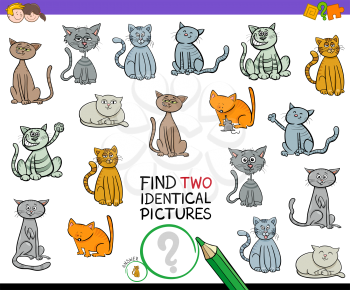 Cartoon Illustration of Finding Two Identical Pictures Educational Game for Children with Cats and Kitten Characters
