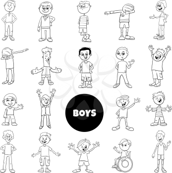 Black and White Cartoon Illustration of Elementary Age and Teen Boys Characters Large Set