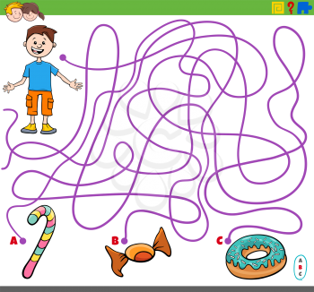 Cartoon Illustration of Lines Maze Puzzle Game with Boy Character and Sweet Food Objects