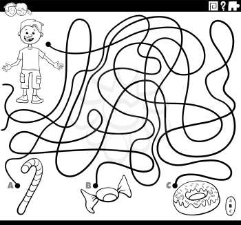 Black and White Cartoon Illustration of Lines Maze Puzzle Game with Boy Character and Sweet Food Objects Coloring Book Page