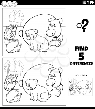 Black and white cartoon illustration of finding the differences between pictures educational game for children with bears and hedgehogs coloring book page