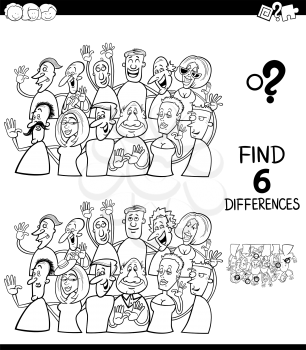 Black and White Cartoon Illustration of Finding Six Differences Between Pictures Educational Game for Children with Funny People Characters Group Color Book