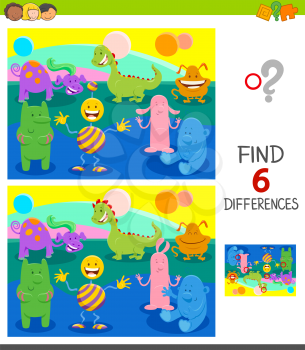 Cartoon Illustration of Finding Six Differences Between Pictures Educational Game for Children with Funny Monsters or Aliens Fantasy Characters Group