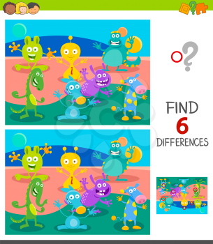 Cartoon Illustration of Finding Six Differences Between Pictures Educational Game for Children with Funny Monsters Fantasy Characters Group