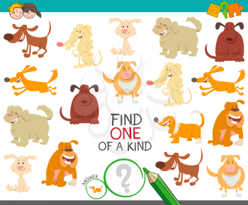 Cartoon Illustration of Find One of a Kind Picture Educational Activity Game with Dogs and Puppies Characters