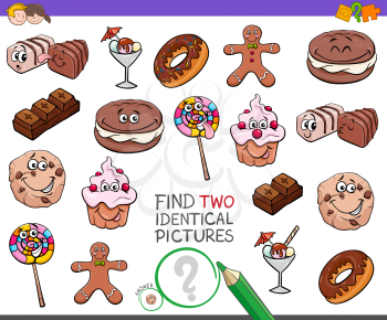 Cartoon Illustration of Finding Two Identical Pictures Educational Game for Children with Sweet Food Characters