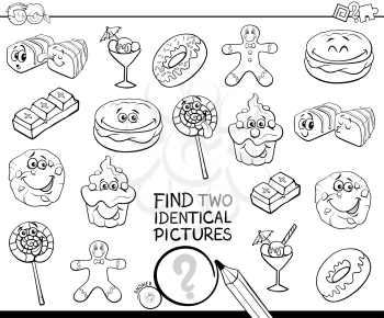 Black and White Cartoon Illustration of Finding Two Identical Pictures Educational Game for Children with Sweet Food Characters Coloring Book