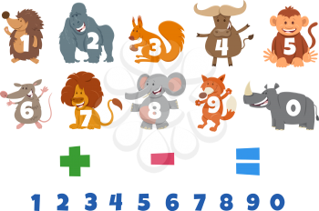 Cartoon Illustration of Numbers Set from One to Nine with Wild Animal Characters