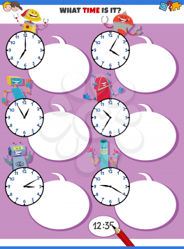 Cartoon Illustrations of Telling Time Educational Activity with Clock Face and Happy Robots Fantasy Characters