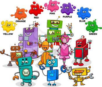 Educational Cartoon Illustration of Basic Colors with Comic Robots Characters Group