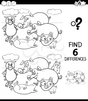 Black and White Cartoon Illustration of Finding Six Differences Between Pictures Educational Game for Children with Pigs Animal Characters Coloring Book