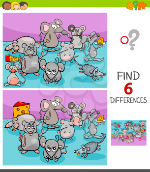 Cartoon Illustration of Finding Six Differences Between Pictures Educational Game for Children with Mice Animal Characters