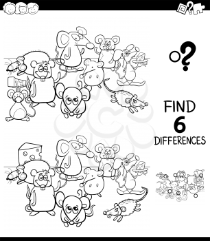 Black and White Cartoon Illustration of Finding Six Differences Between Pictures Educational Game for Children with Mice Animal Characters Coloring Book