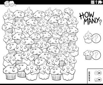 Black and White Illustration of Educational Counting Game for Children with Muffin and Cupcake Sweet Food Objects Coloring Book Page