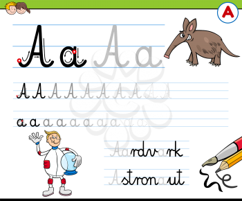 Cartoon Illustration of Writing Skills Practice Worksheet with Letter A for Preschool and Elementary Age Children